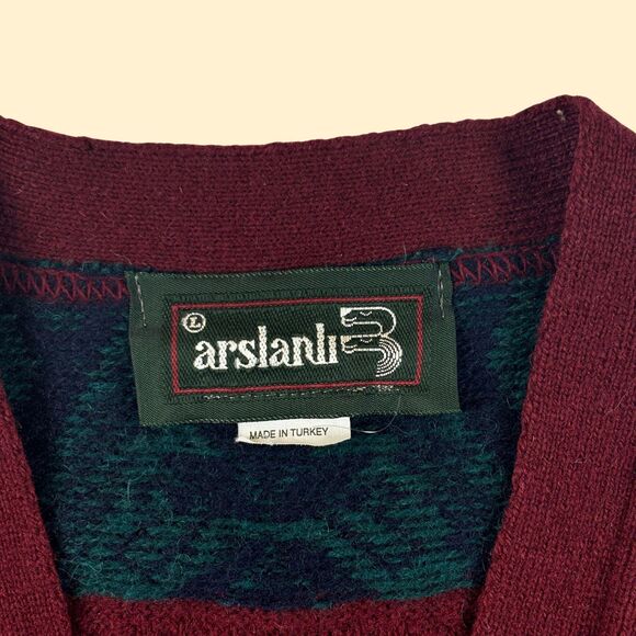 1990s geometric Arslanli wool vest, size L vintage burgundy/green sweater vest - Picture 5 of 8